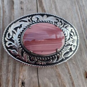 VINTAGE Rare Western Tooled Silver Belt Buckle with Pink Fiesta Agate GemStone